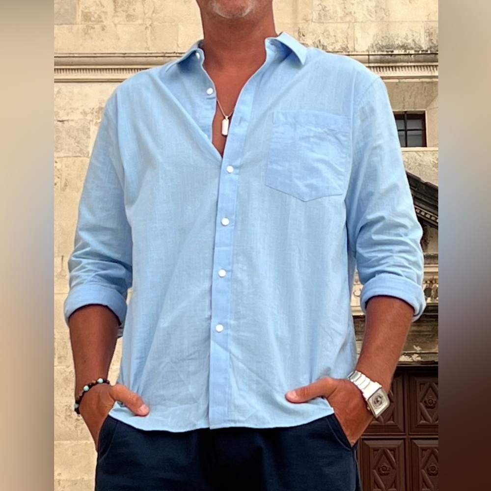 Baby Blue Italian Linen Long Sleeve Shirt